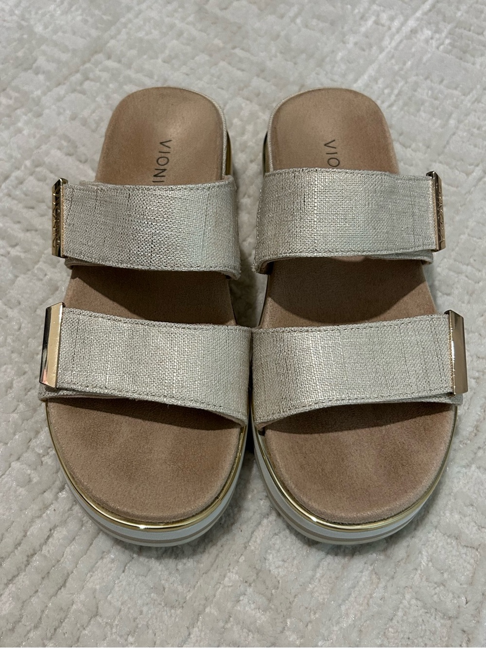 Vionic Metallic Linen Double-Strap Slides in Champagne Gold